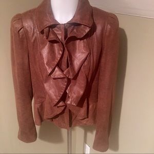 I.N.C Brown Ruffle Front Faux Leather Jacket SZ MP